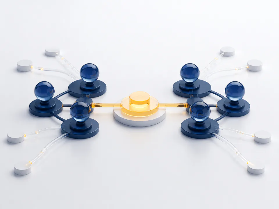 Two connected networks meeting through a shared collaboration point